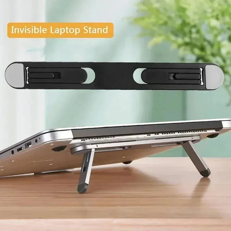 Support ordinateur portable invisible, pieds dépliés sous un MacBook