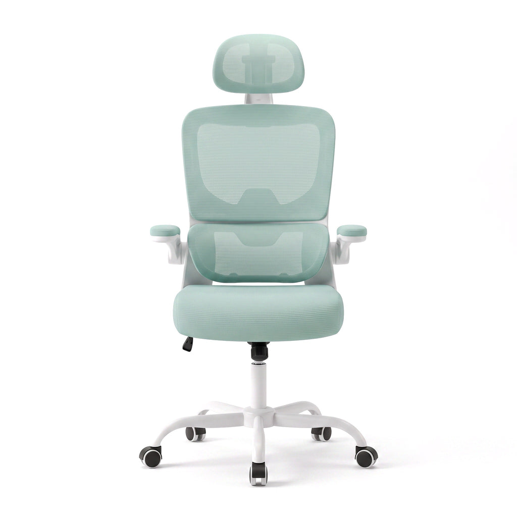 Chaise ergonomique Signature vert menthe, appui-tête 3D et accoudoirs relevables, fond blanc