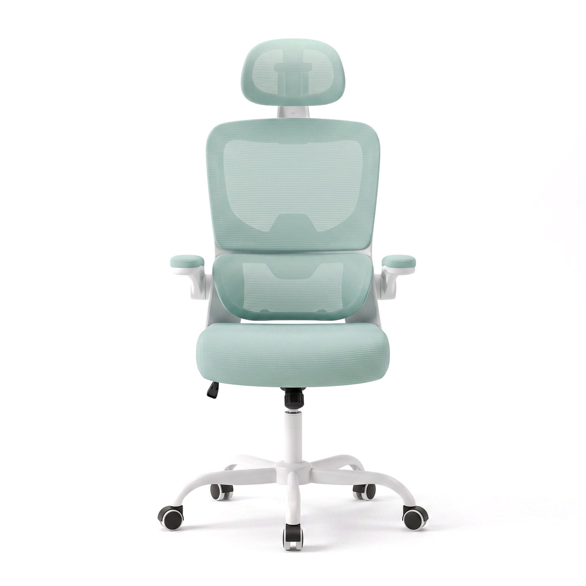 Chaise ergonomique Signature vert menthe, appui-tête 3D et accoudoirs relevables, fond blanc