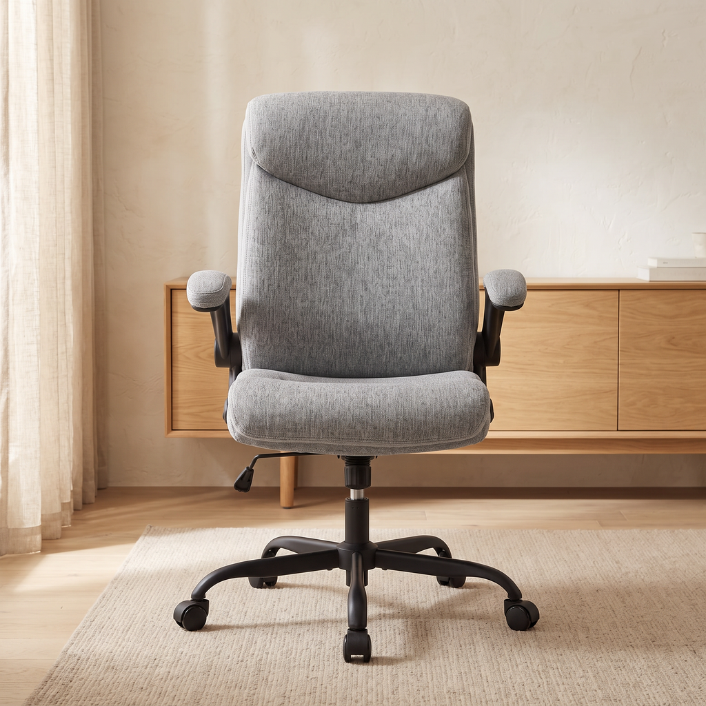 Chaise Ergonomique Confort — Gris lin et coton — de face dans un bureau lumineux, parquet chêne clair