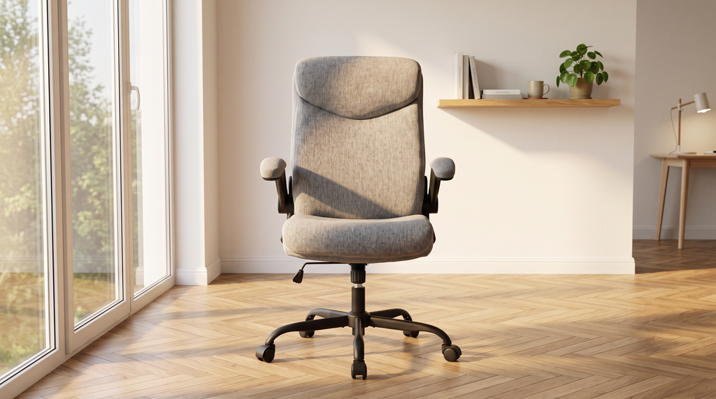 Chaise Ergonomique Confort — Gris lin et coton — dans un bureau scandinave lumineux, parquet chevrons, lumière naturelle