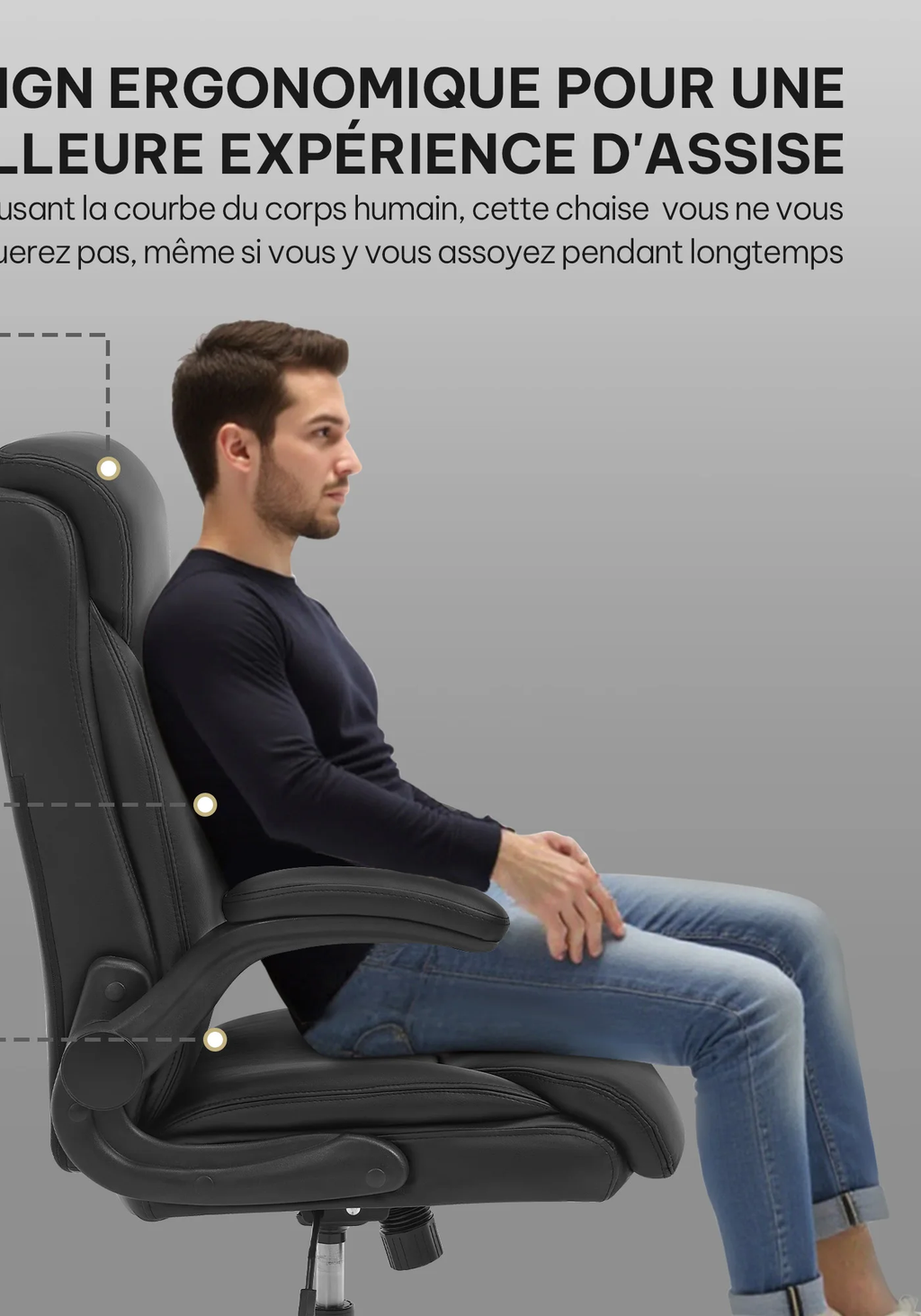Chaise Ergonomique Confort — Noir simili cuir — en situation, dossier épousant la courbe du dos