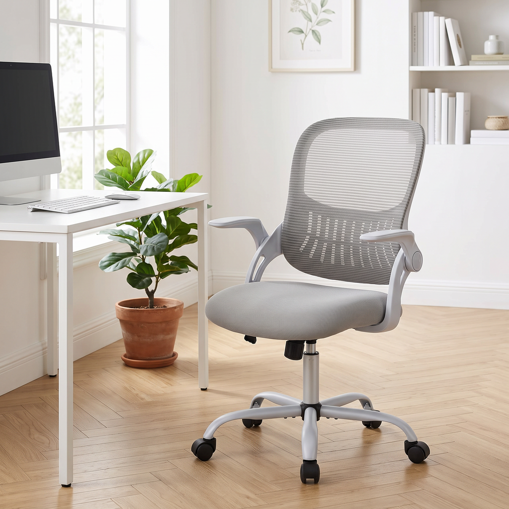 Chaise Ergonomique Essentiel — Gris — dans un bureau lumineux, parquet chêne clair