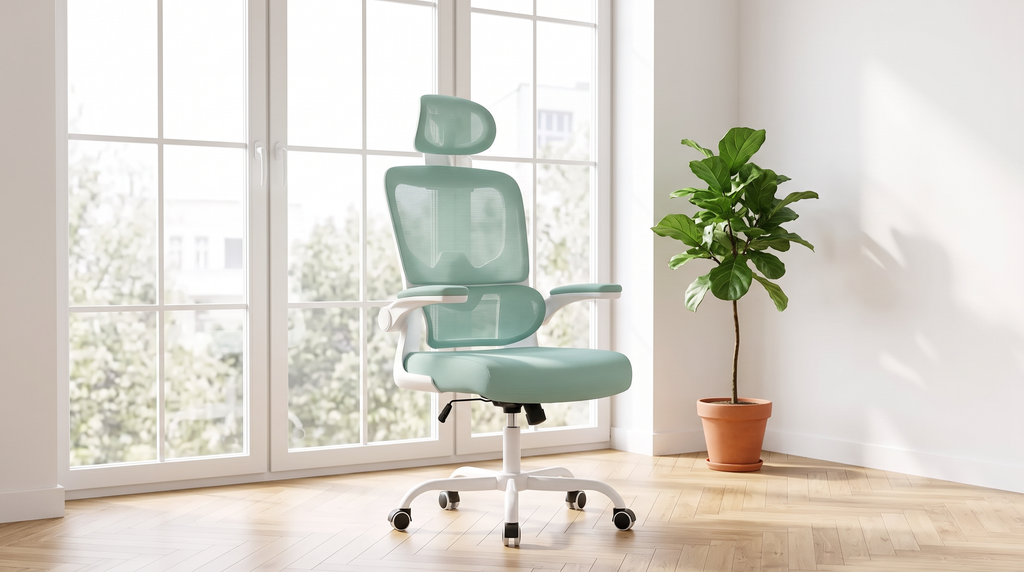Chaise Ergonomique Signature Menthe — ambiance grande fenêtre française