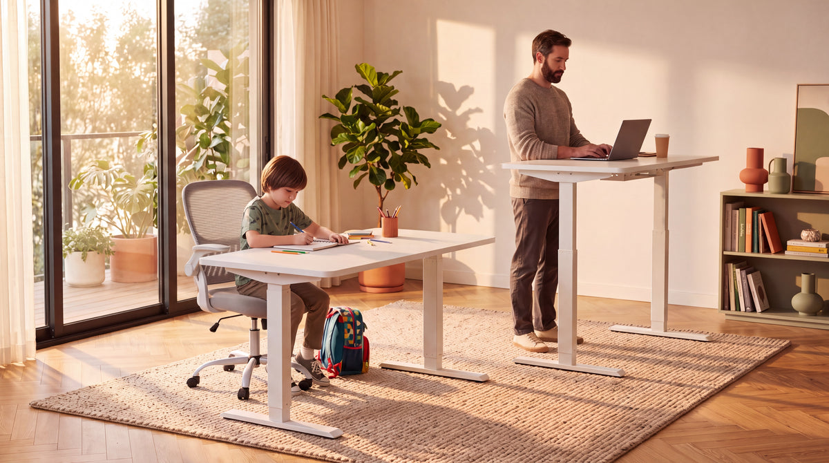 Deux bureaux assis-debout electriques blancs dans un salon lumineux : un enfant assis au bureau en position basse, un homme debout travaillant au bureau en position haute