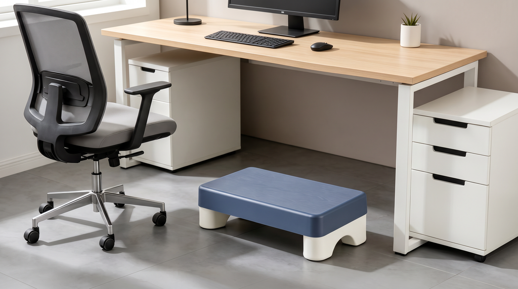 Repose-pieds ergonomique inclinable bleu sous un bureau, dans un espace de travail lumineux