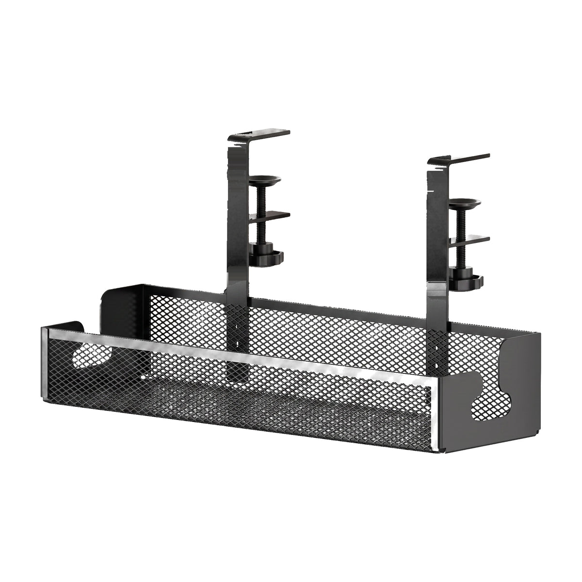 Plateau range-câbles sous bureau en métal noir avec pinces de fixation, fond blanc