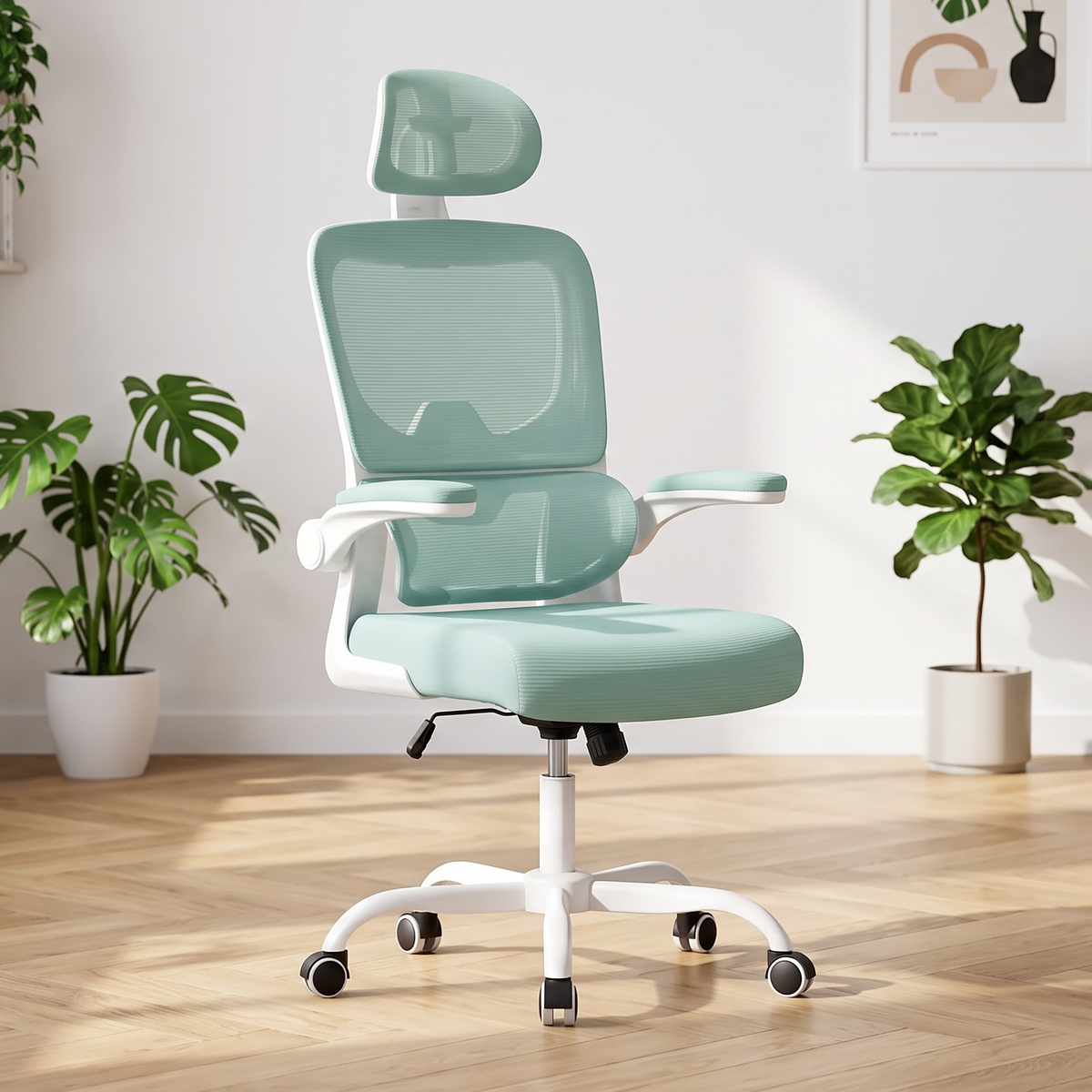 Chaise Ergonomique Signature Menthe — ambiance bureau épuré lumière naturelle