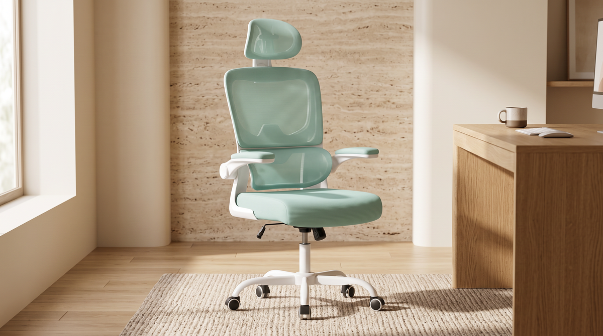 Chaise Ergonomique Signature Menthe — ambiance mur travertin bureau en chêne